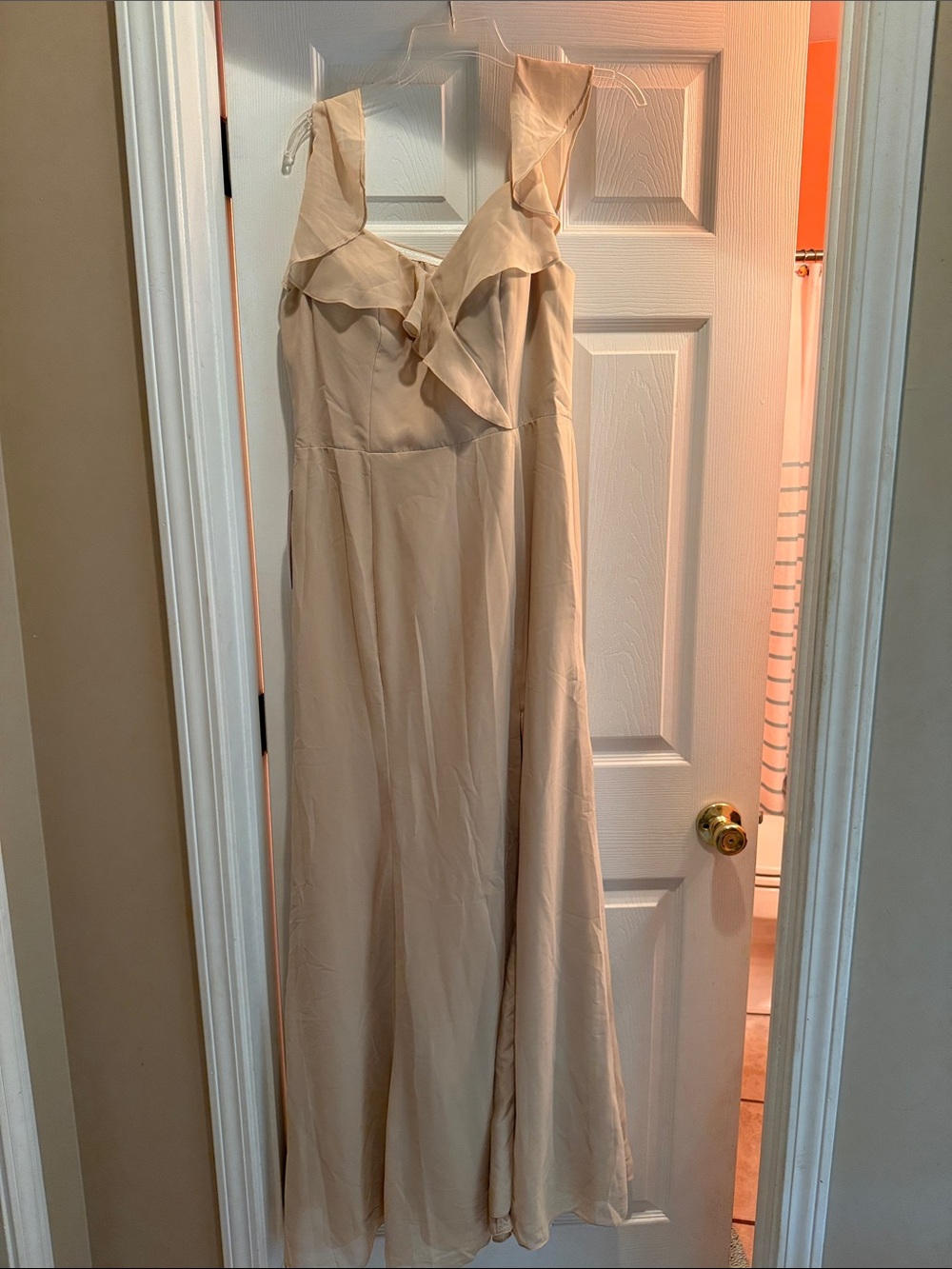 Azazie Ruffle-Trim Maxi Dress in Light Beige